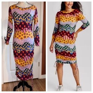 Latino Heritage Multicolor Mixed Print Long Sleeve Ruched Skirt Dress Sz Small